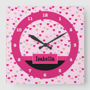 Horloge Carrée Coeurs en pastel sur le rose personnalisé