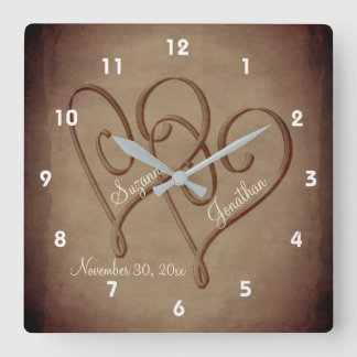 Horloge Carrée Coeurs Enmêlés En Sepia Mariage Personnalisé