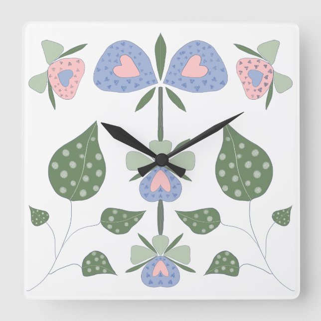 Horloge Carrée Cœurs et Fleurs (Recto)