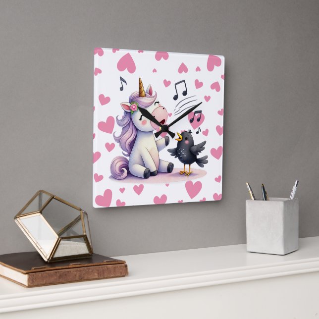 Horloge Carrée Cœurs roses de licorne  (Bureau)