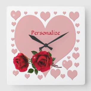 Horloge Carrée Cœurs roses romantiques & Roses rouges Personnalis