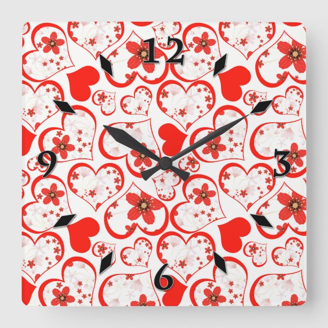 Horloge Carrée Coeurs rouges et fleurs sur un blanc (Recto)