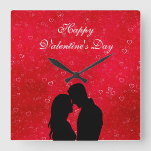 Horloge Carrée Coeurs rouges et illustration du couple