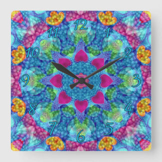 Horloge Carrée Coeurs Violet & Bleu Vintage Fractal Kaleidoscope