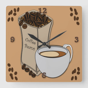 Horloge Carrée Coffee Beans Coffee Cup Design Mur Horaires