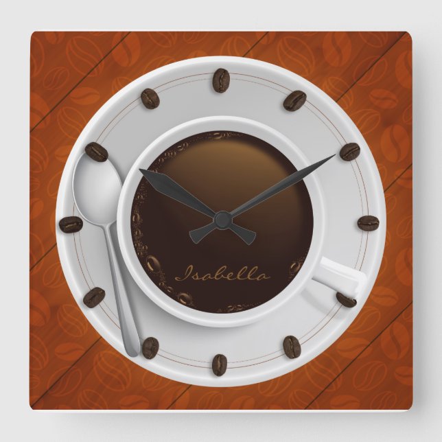 Horloge Carrée Coffee Cup & Coffee Beans Monogrammed Wall Clock (Recto)