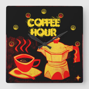 Horloge Carrée COFFEE HOUR /Red Yellow Coffee cup and coffeepot