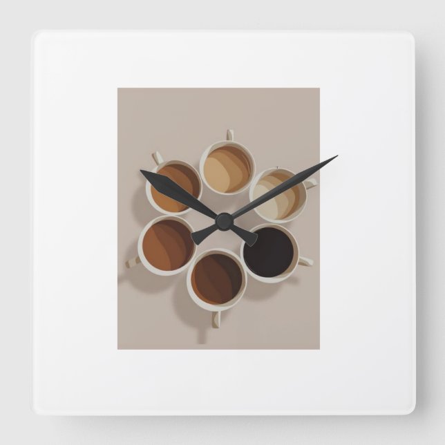 Horloge Carrée Coffee Lovers Wall Clock – Six Coffee Cups & Cozy  (Recto)