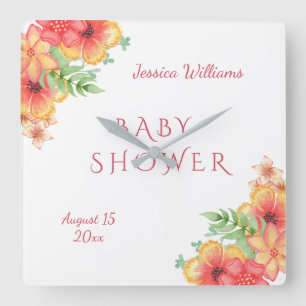 Horloge Carrée Coin de fleurs à l'aquarelle chic pour Baby Shower