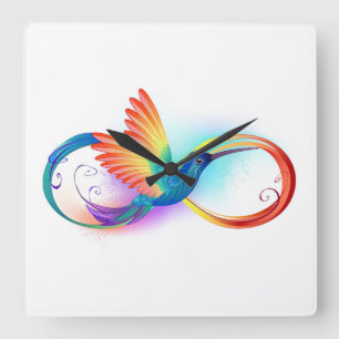 Horloge Carrée Colibri arc-en-ciel avec symbole Infinity