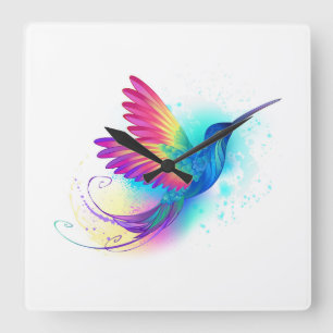 Horloge Carrée Colibri arc-en-ciel exotique