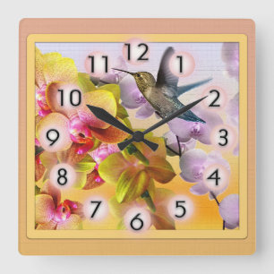 Horloge Carrée Colibri avec lilas violets et orchidées jaunes