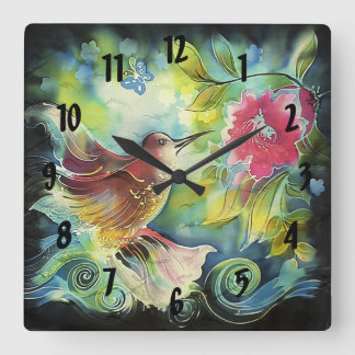 Horloge Carrée Colibri coloré Digital Silk Art