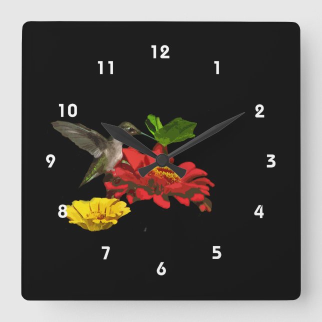 Horloge Carrée Colibri sur Zinnias (Recto)