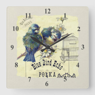 Horloge Carrée Collage bleu vintage de cage à oiseaux d'oiseau