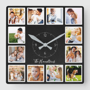 Horloge Carrée Collage Chic Chic Craie Noire 12 Photos de Famille