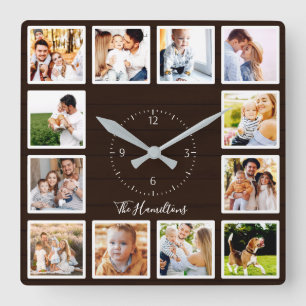 Horloge Carrée Collage de 12 photos de famille Bois brun foncé