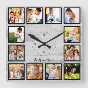 Horloge Carrée Collage de 12 photos de famille Bois rustique de f