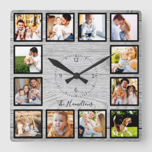 Horloge Carrée Collage de 12 photos de famille Bois rustique de f