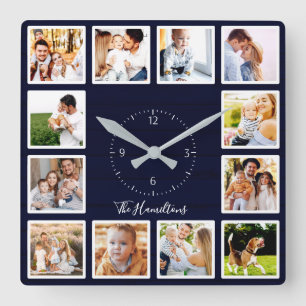 Horloge Carrée Collage de 12 photos de famille en bois bleu foncé
