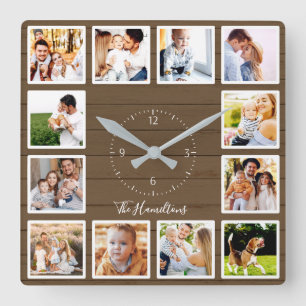Horloge Carrée Collage de 12 photos de famille en bois marron