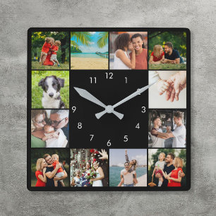 Horloge Carrée Collage de 12 photos de famille personnalisé noir