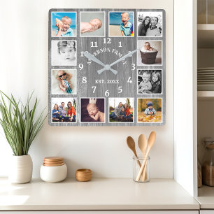 Horloge Carrée Collage de 12 photos de ferme en bois gris rustiqu