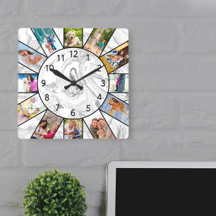 Horloge Carrée Collage de 12 photos personnalisé Marbre Gris Blan