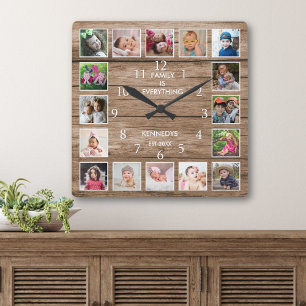 Horloge Carrée Collage de 16 photos personnalisé Citation Bois Ru