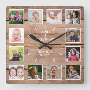 Horloge Carrée Collage de photos 12 personnalisées Bois Brown rus