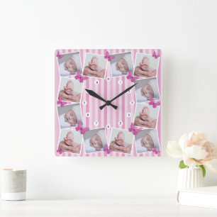 Horloge Carrée Collage de photos de bébé papillon rose des 12 pre