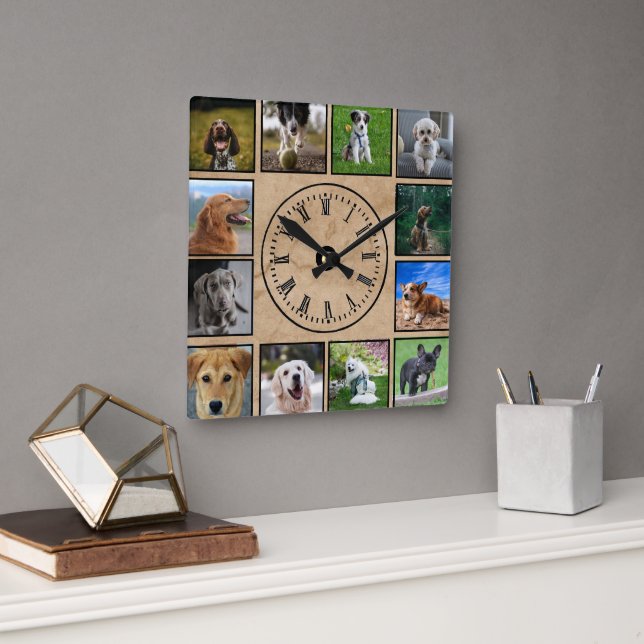 Horloge Carrée Collage de photos de chiens sur Arrière - plan de  (Bureau)