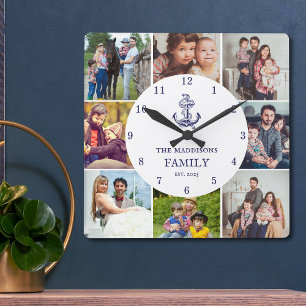 Horloge Carrée Collage de photos de famille Ancre Nautione Bleu M