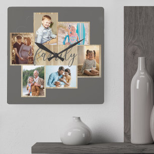 Horloge Carrée Collage de photos de famille bordure grain de bois