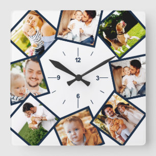 Horloge Carrée Collage de photos de famille Chic bleu et blanc