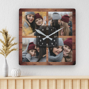 Horloge Carrée Collage de photos de famille en bois de grange rus
