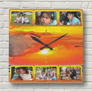 Horloge Carrée Collage de photos de famille et d'amis Coucher de