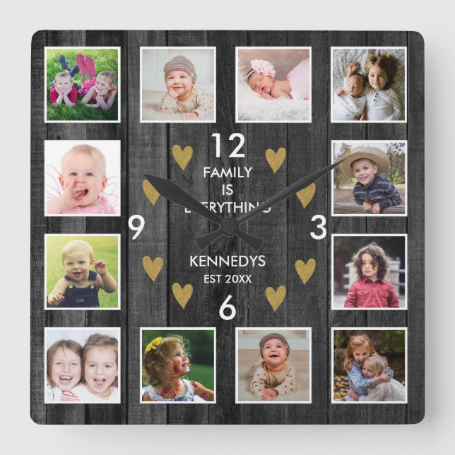 Horloge Carrée Collage de photos de famille Pallet Wood Black Gol (Recto)