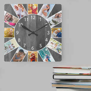 Horloge Carrée Collage de photos de famille personnalisé en bois