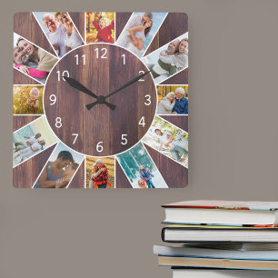 Horloge Carrée Collage de photos de famille personnalisé en bois