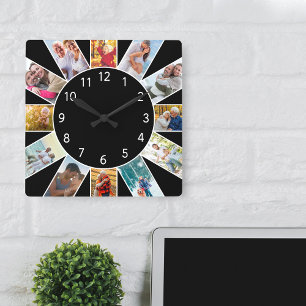 Horloge Carrée Collage de photos de famille personnalisé noir