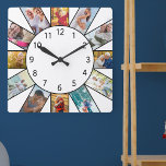 Horloge Carrée Collage de photos de famille personnalisées Blanc<br><div class="desc">Horloge photo personnalisée avec vos propres photos personnalisées. Le modèle photo est configuré pour vous permettre d'ajouter 12 de vos photos préférées qui fonctionnent dans le sens des aiguilles d'une montre depuis le haut. Simple et frais, ce design blanc aux numéros noirs se marie parfaitement avec une décoration moderne et...</div>