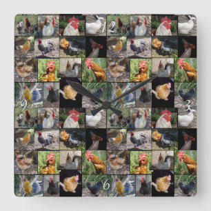 Horloge Carrée Collage De Photos De Poulets Et De Coqs,