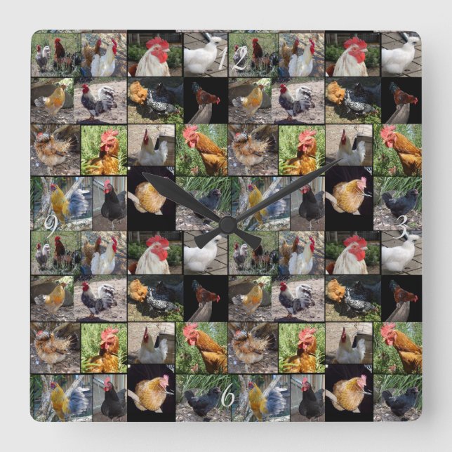 Horloge Carrée Collage De Photos De Poulets Et De Coqs, (Recto)