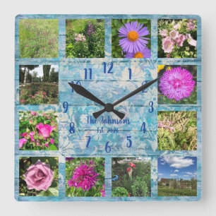 Horloge Carrée Collage de photos en bois bleu shabby chic
