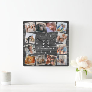 Horloge Carrée Collage de photos en bois rustique Monogramme Crée
