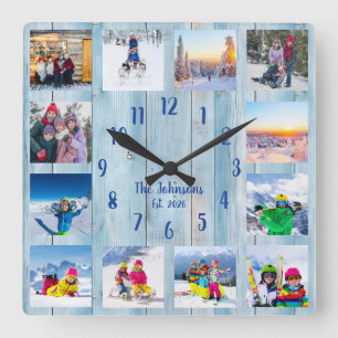 Horloge Carrée Collage de photos personnalisé Bois rustique bleu