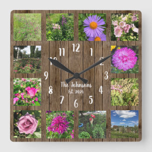 Horloge Carrée Collage de photos personnalisé Bois rustique de ca