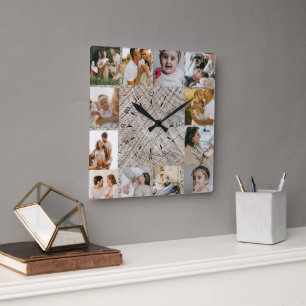 Horloge Carrée Collage de photos personnalisé de famille rustique