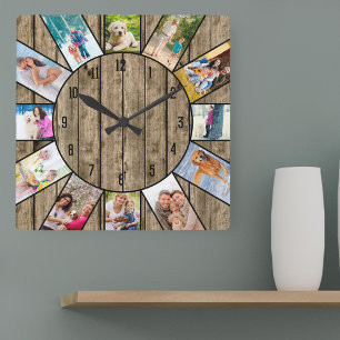 Horloge Carrée Collage personnalisé de 12 photos en bois naturel